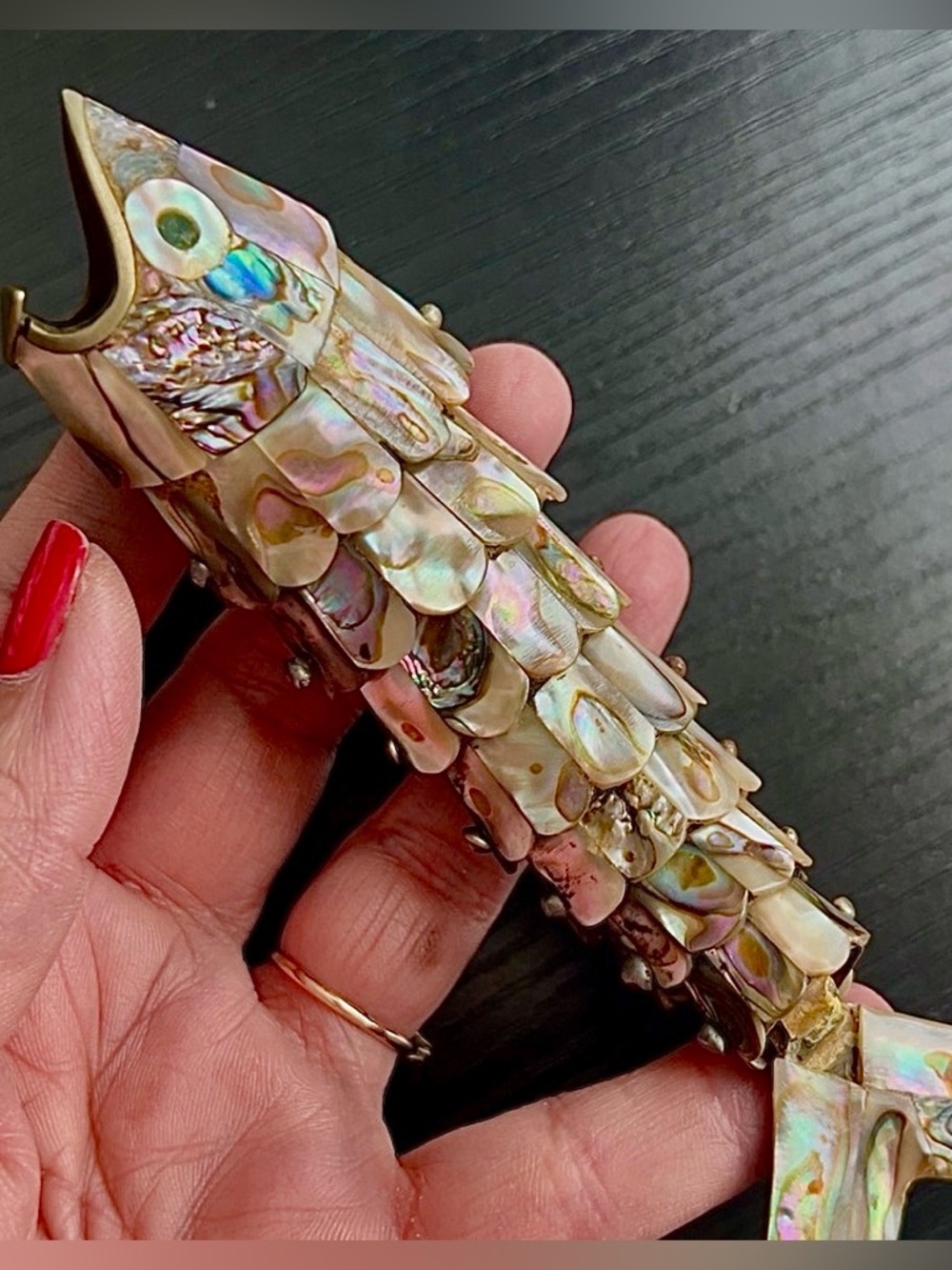 Vintage Articulated Fish Bottle Opener/Abalone, Solid Brass Handcrafted Artisan